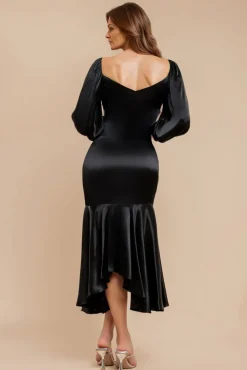 Satin Viscose Front Buttoned Dipped Hem Midaxi Dress - Black by Goddiva
