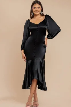 Satin Viscose Front Buttoned Dipped Hem Midaxi Dress - Black by Goddiva
