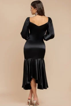 Satin Viscose Front Buttoned Dipped Hem Midaxi Dress - Black by Goddiva