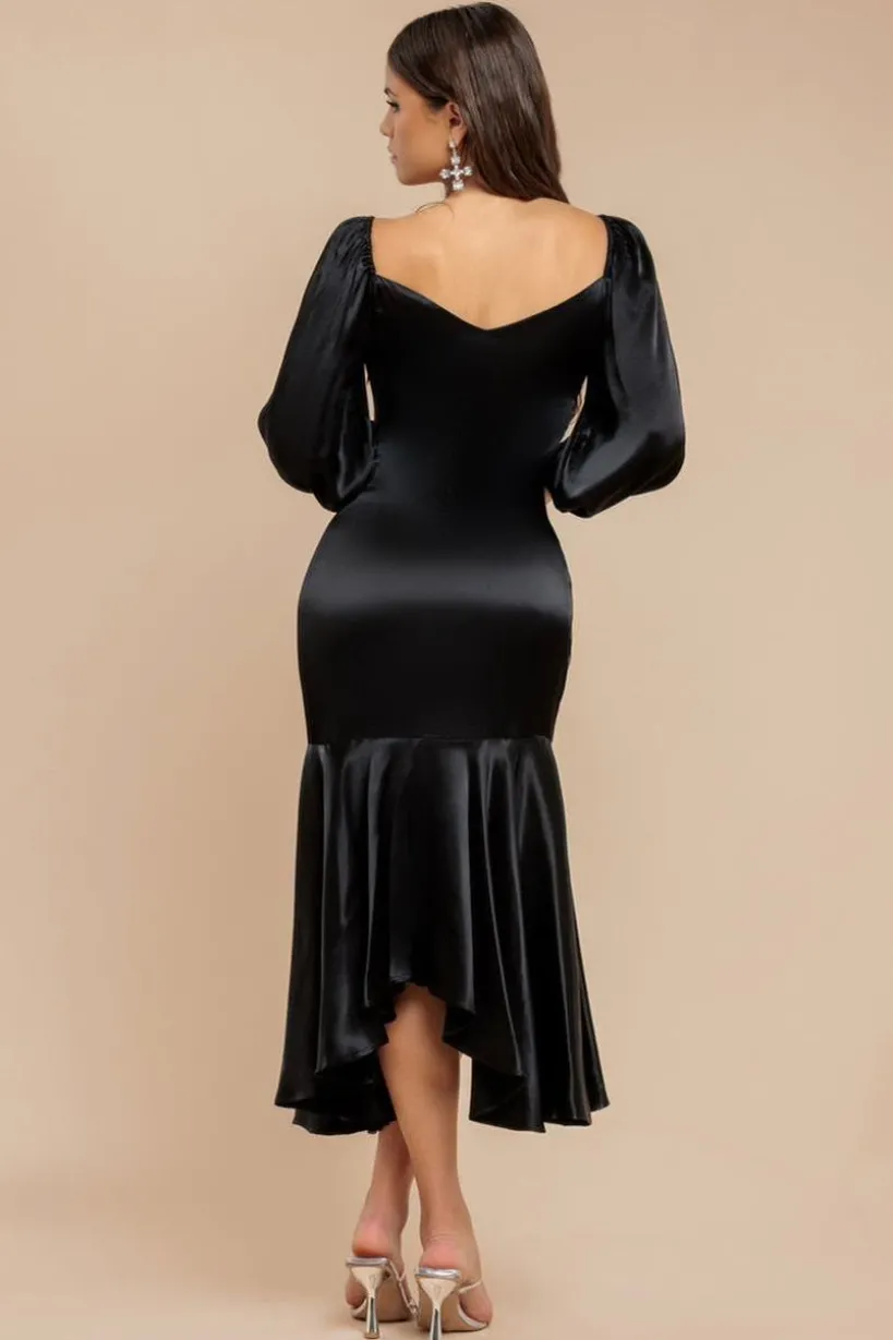 Satin Viscose Front Buttoned Dipped Hem Midaxi Dress - Black by Goddiva