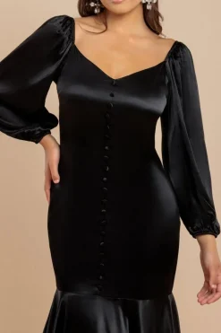 Satin Viscose Front Buttoned Dipped Hem Midaxi Dress - Black by Goddiva