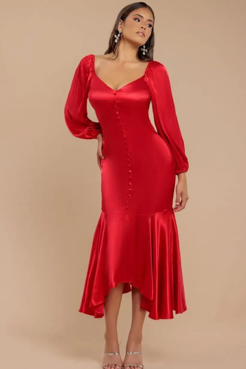 Satin Viscose Front Buttoned Dipped Hem Midaxi Dress - Red by Goddiva
