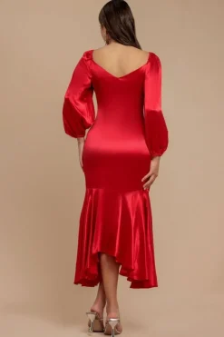 Satin Viscose Front Buttoned Dipped Hem Midaxi Dress - Red by Goddiva