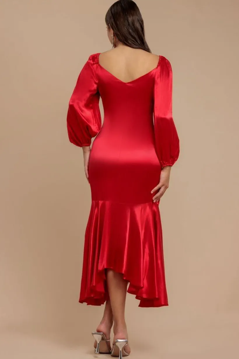 Satin Viscose Front Buttoned Dipped Hem Midaxi Dress - Red by Goddiva