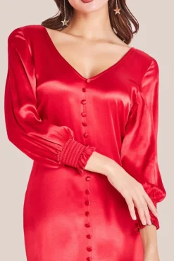 Satin Viscose Front Split Maxi - Red by Goddiva