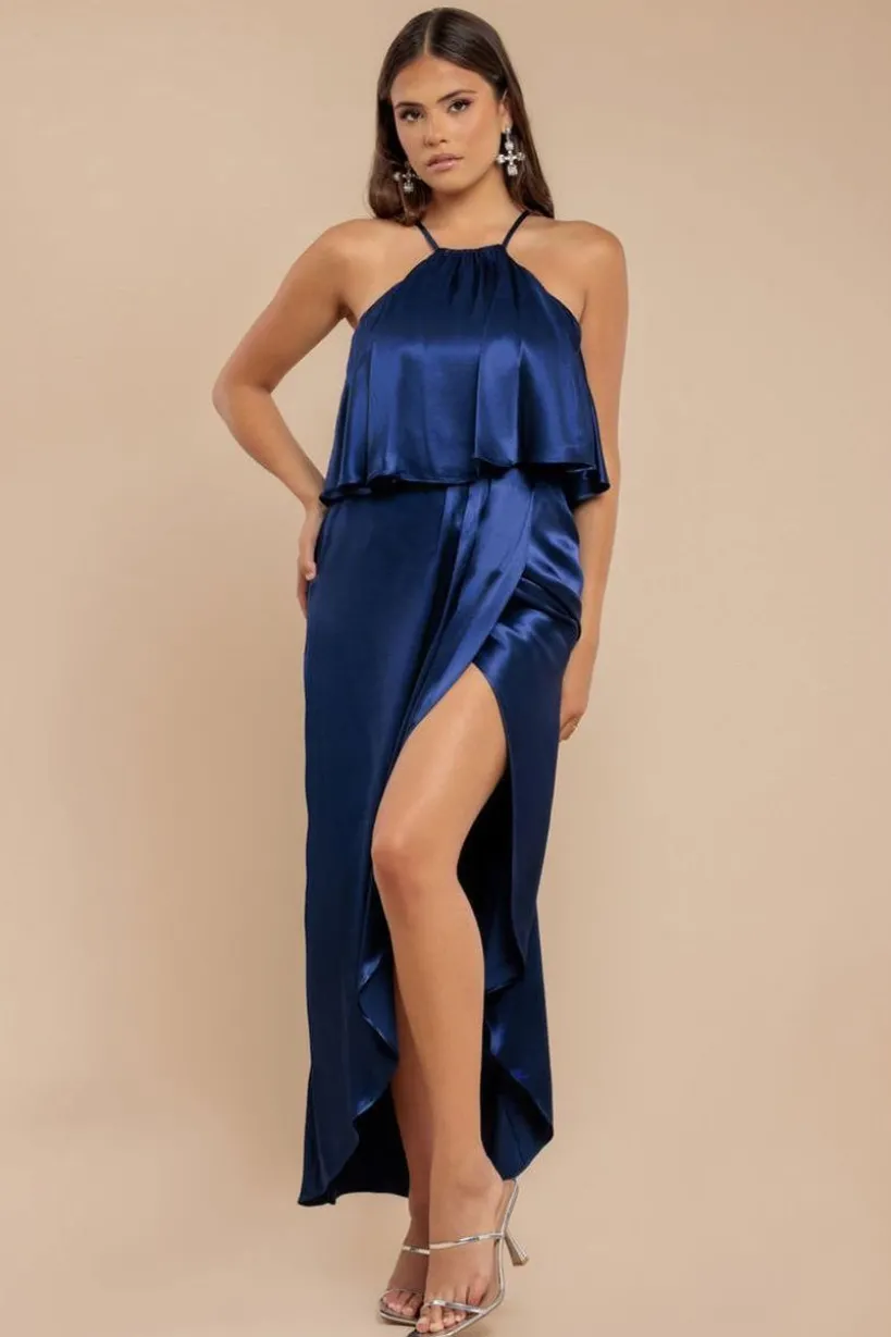 Satin Viscose Front Wrap Midaxi Dress - Navy by Goddiva