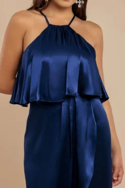 Satin Viscose Front Wrap Midaxi Dress - Navy by Goddiva