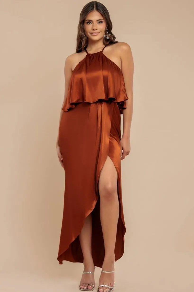 Satin Viscose Front Wrap Midaxi Dress - Brown by Goddiva