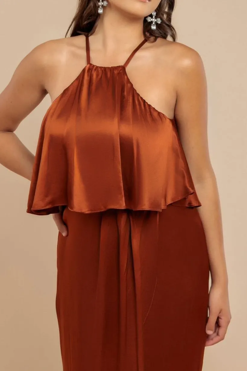 Satin Viscose Front Wrap Midaxi Dress - Brown by Goddiva