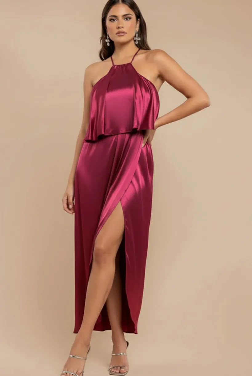 Satin Viscose Front Wrap Midaxi Dress - Burgundy by Goddiva