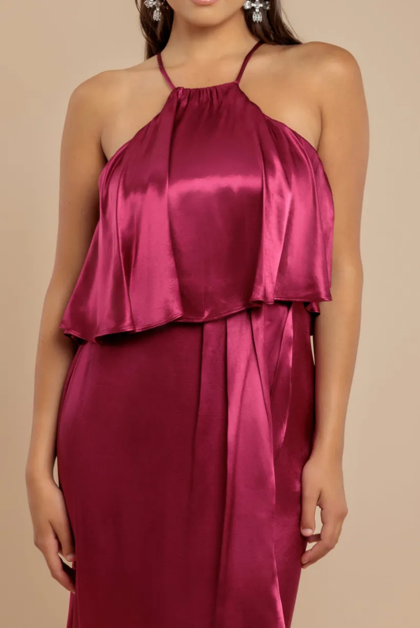 Satin Viscose Front Wrap Midaxi Dress - Burgundy by Goddiva