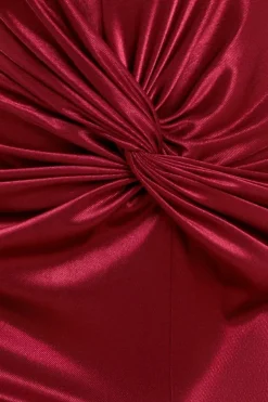 Satin Wrap Knotted Midi Dress - Wine by Goddiva