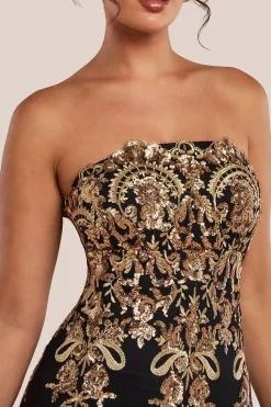Scallop Bandeau Sequin Mesh Maxi Dress - Black Gold by Goddiva