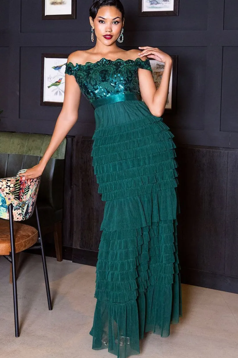 Scallop Bardot Ruffle Mesh Maxi - Emerald Green by Goddiva