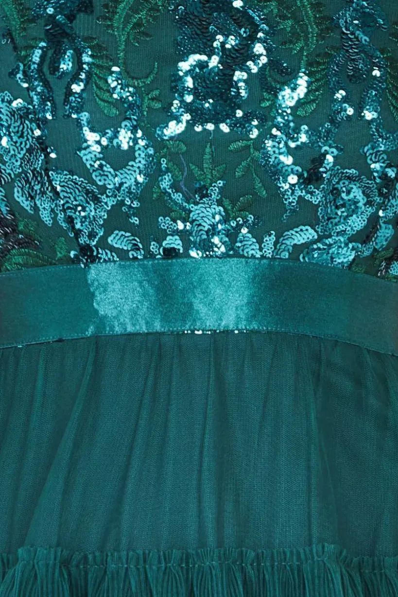 Scallop Bardot Ruffle Mesh Maxi - Emerald Green by Goddiva