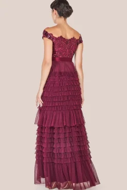 Scallop Bardot Ruffle Mesh Maxi - Burgundy by Goddiva