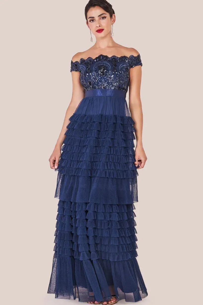 Scallop Bardot Ruffle Mesh Maxi - Navy by Goddiva