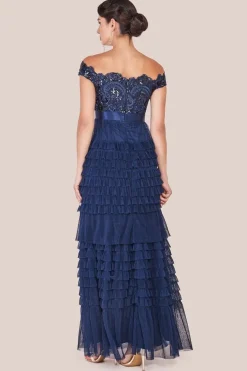 Scallop Bardot Ruffle Mesh Maxi - Navy by Goddiva