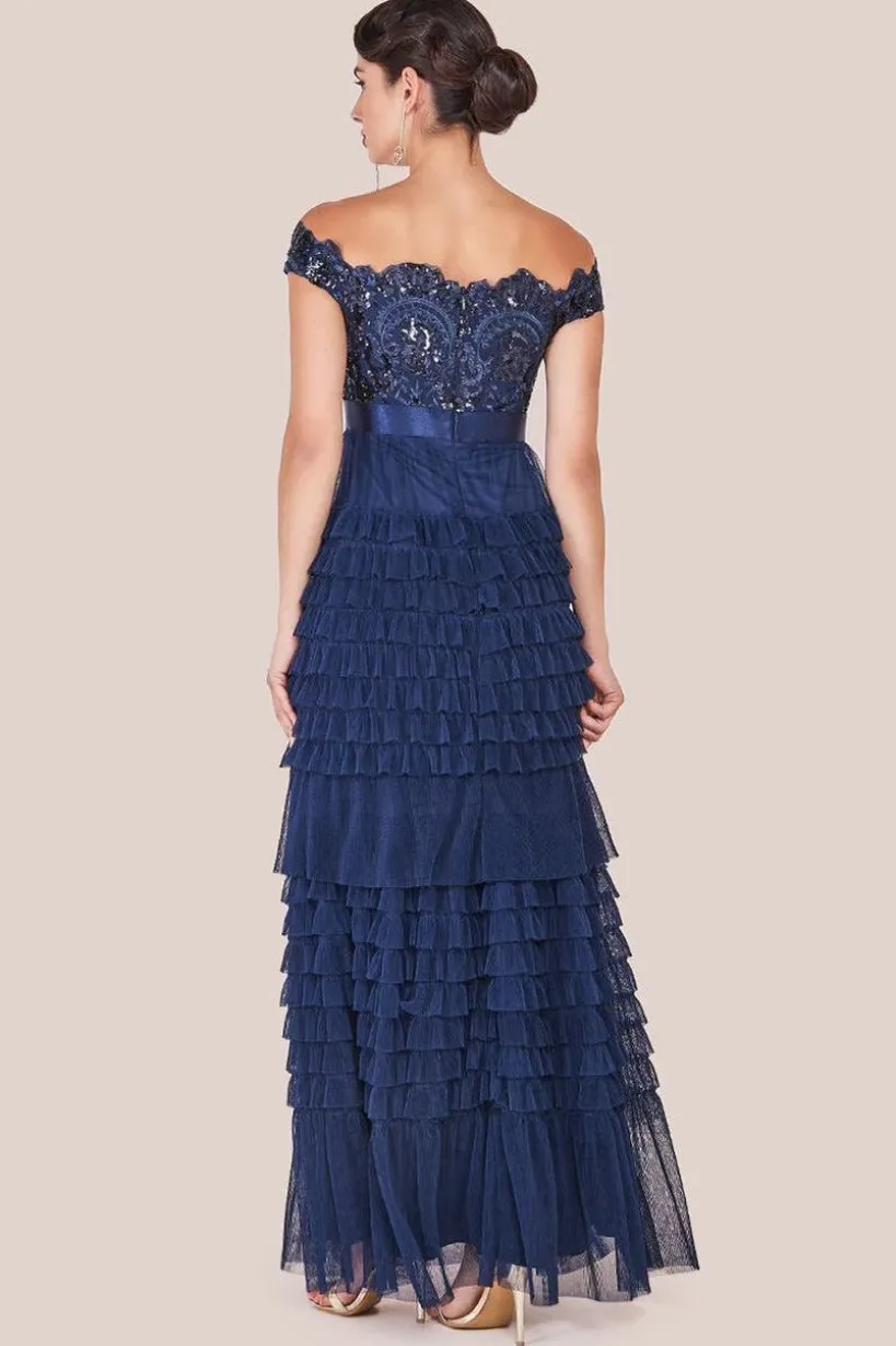 Scallop Bardot Ruffle Mesh Maxi - Navy by Goddiva