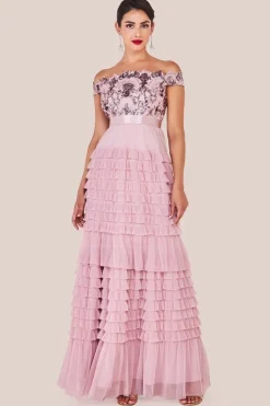 Scallop Bardot Ruffle Mesh Maxi - Blush by Goddiva