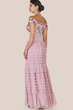 Scallop Bardot Ruffle Mesh Maxi - Blush by Goddiva