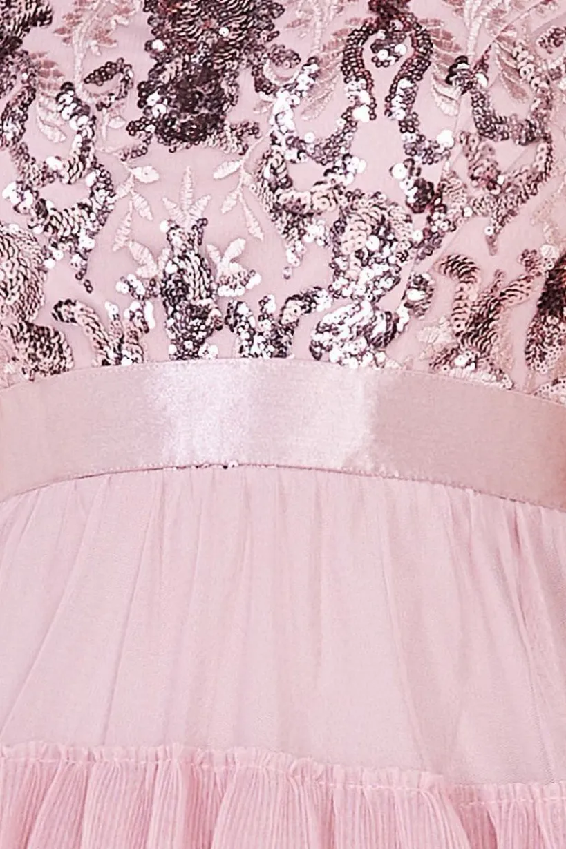 Scallop Bardot Ruffle Mesh Maxi - Blush by Goddiva