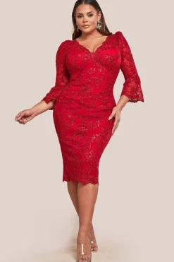 Scallop Lace Midi Dress- Red by Goddiva Plus