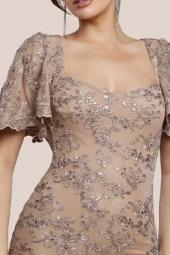 Scalloped Cape Open Back Lace & Sequin Maxi Dress - Champagne by Goddiva