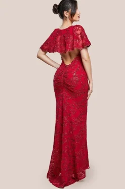 Scalloped Cape Open Back Lace & Sequin Maxi Dress - Red by Goddiva