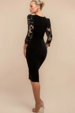Scalloped Crochet & Velvet Midi Dress - Black by Goddiva
