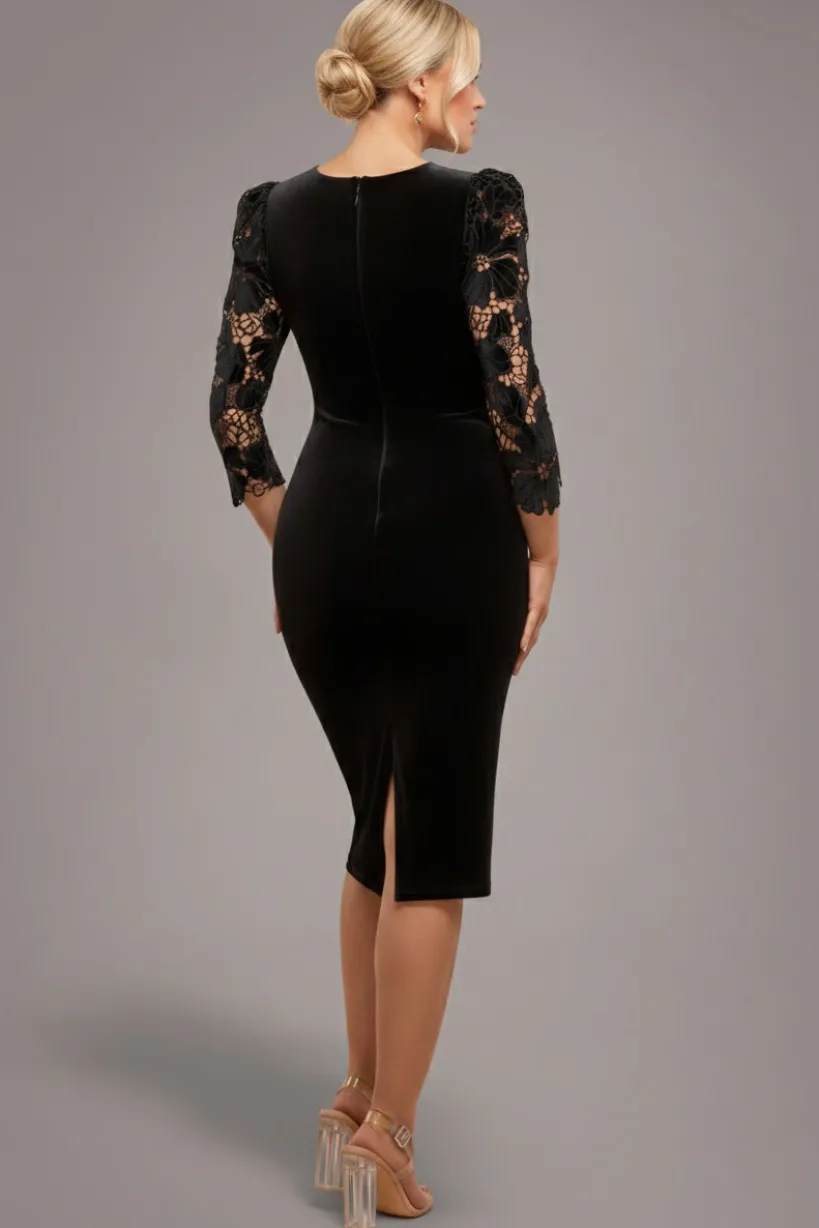 Scalloped Crochet & Velvet Midi Dress - Black by Goddiva