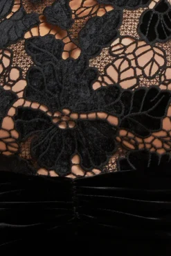 Scalloped Crochet & Velvet Midi Dress - Black by Goddiva