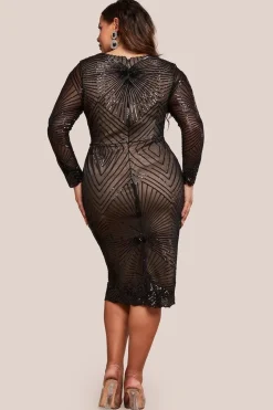 Scalloped Hem Starburst Midi Dress - Black by Goddiva Plus