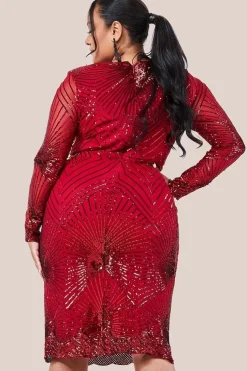 Scalloped Hem Starburst Midi Dress - Red by Goddiva Plus