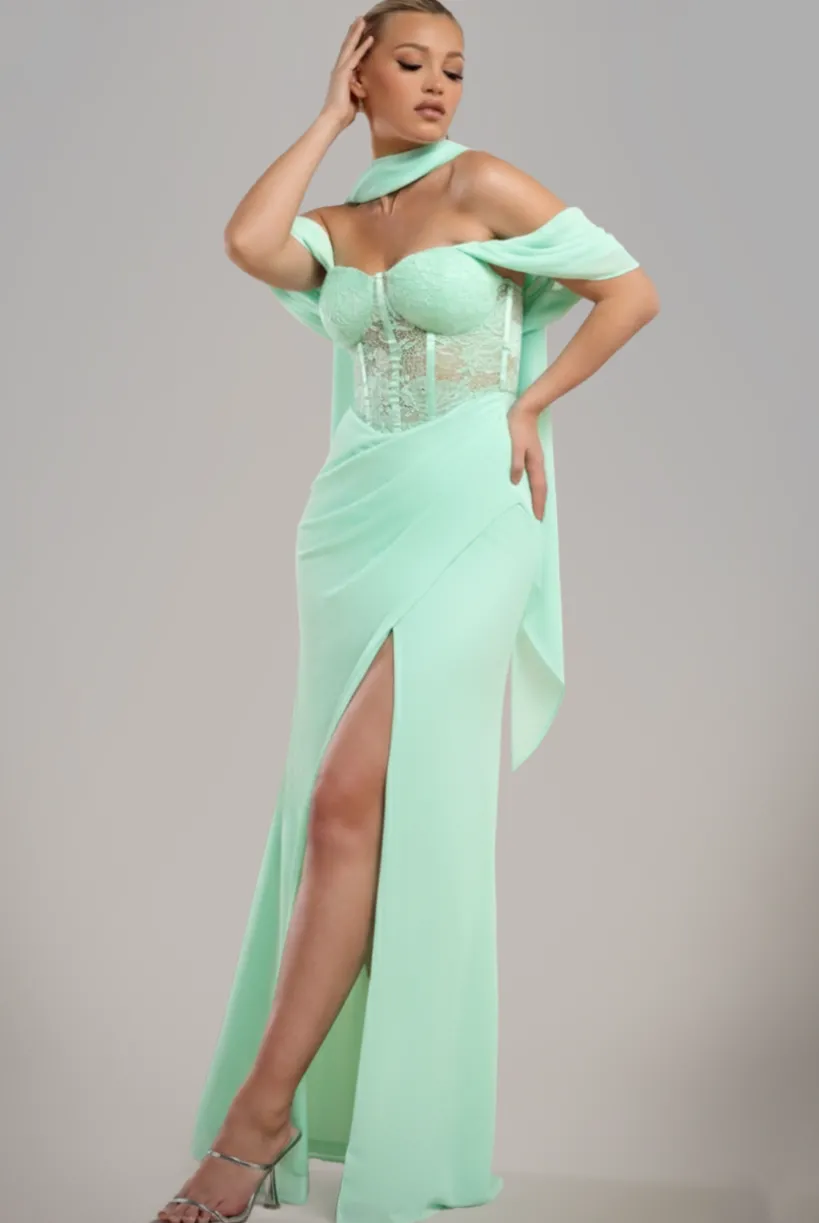Scalloped Lace & Chiffon Winged Corset Bodice Maxi Dress - Mint Green by Goddiva