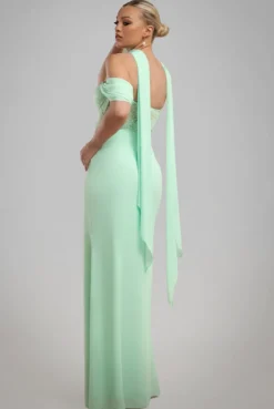 Scalloped Lace & Chiffon Winged Corset Bodice Maxi Dress - Mint Green by Goddiva