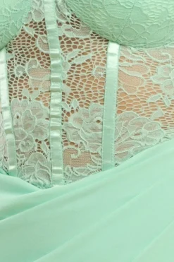Scalloped Lace & Chiffon Winged Corset Bodice Maxi Dress - Mint Green by Goddiva