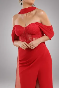 Scalloped Lace & Chiffon Winged Corset Bodice Maxi Dress - Red by Goddiva