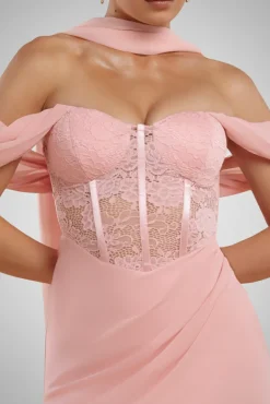 Scalloped Lace & Chiffon Winged Corset Bodice Maxi Dress - Blush Pink by Goddiva