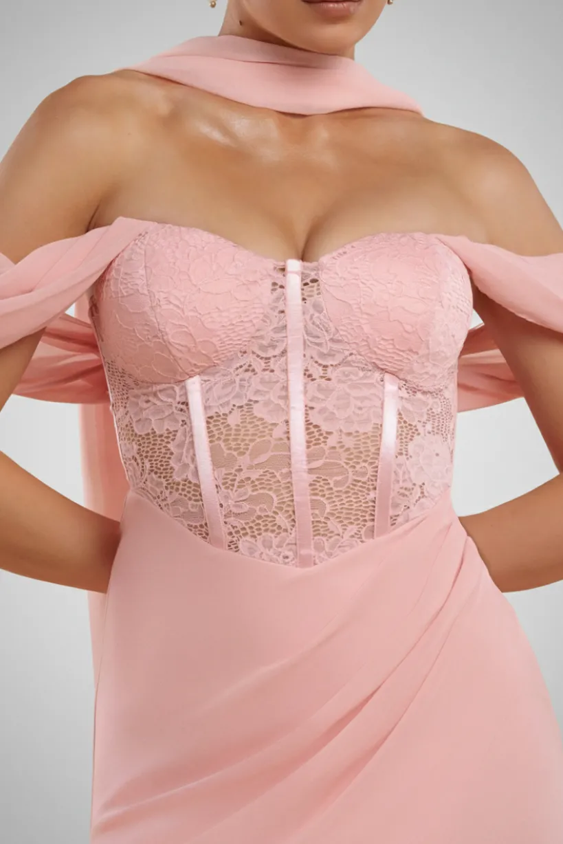 Scalloped Lace & Chiffon Winged Corset Bodice Maxi Dress - Blush Pink by Goddiva