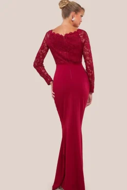 Scalloped Lace & Scuba Maxi Dress - Wine by Goddiva