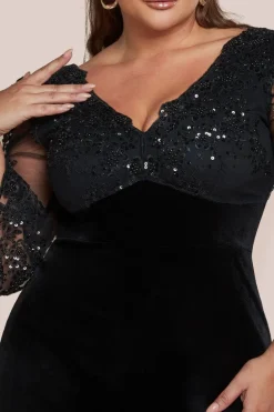 Scalloped Lace & Velvet Maxi Dress - Black by Goddiva Plus