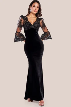 Scalloped Lace & Velvet Maxi Dress - Solid Black by Goddiva