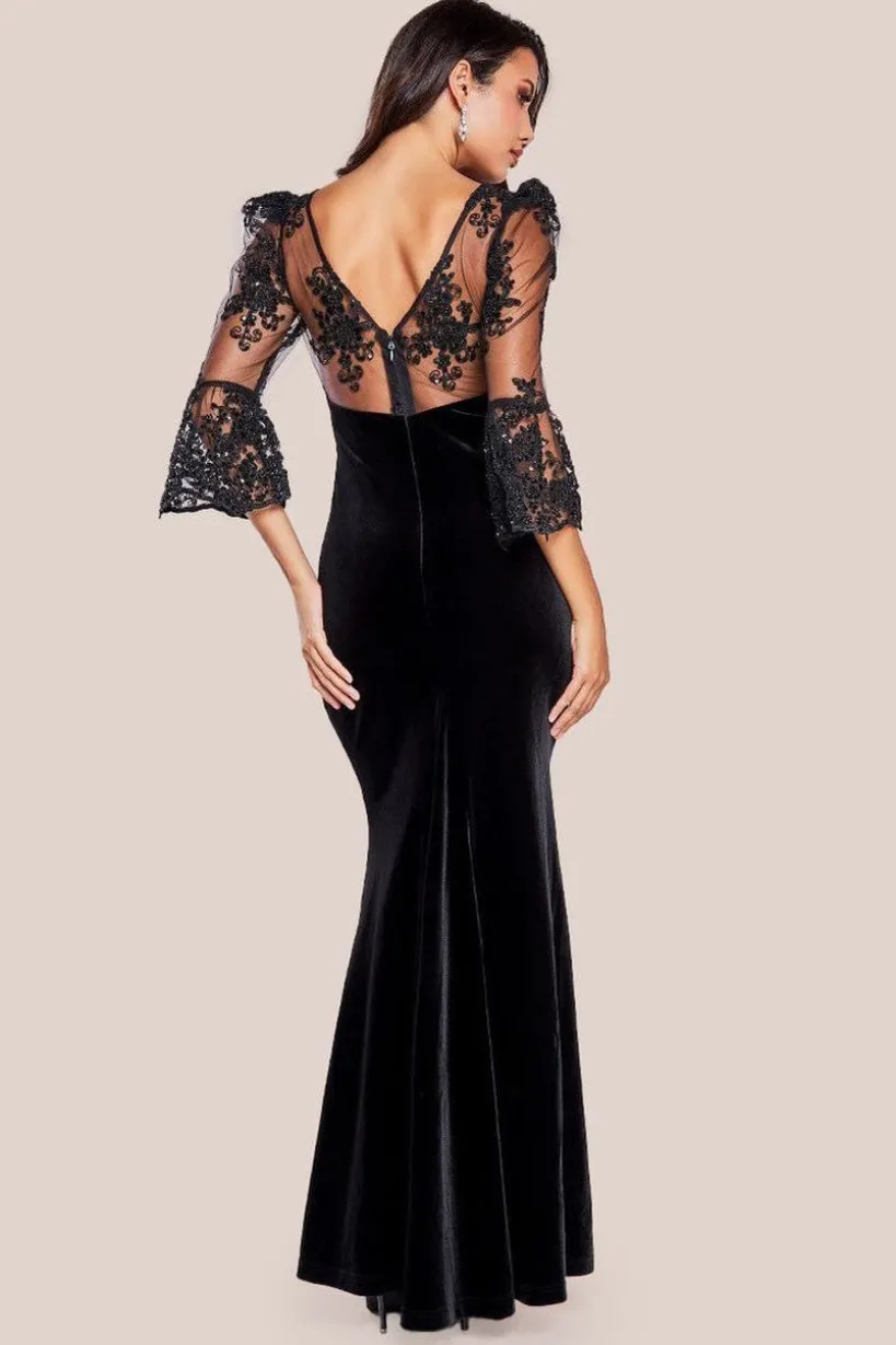 Scalloped Lace & Velvet Maxi Dress - Solid Black by Goddiva