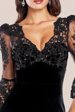 Scalloped Lace & Velvet Maxi Dress - Solid Black by Goddiva