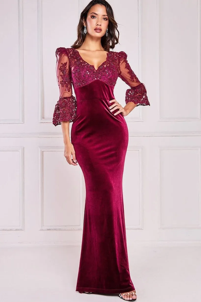 Scalloped Lace & Velvet Maxi Dress - Burgundy by Goddiva