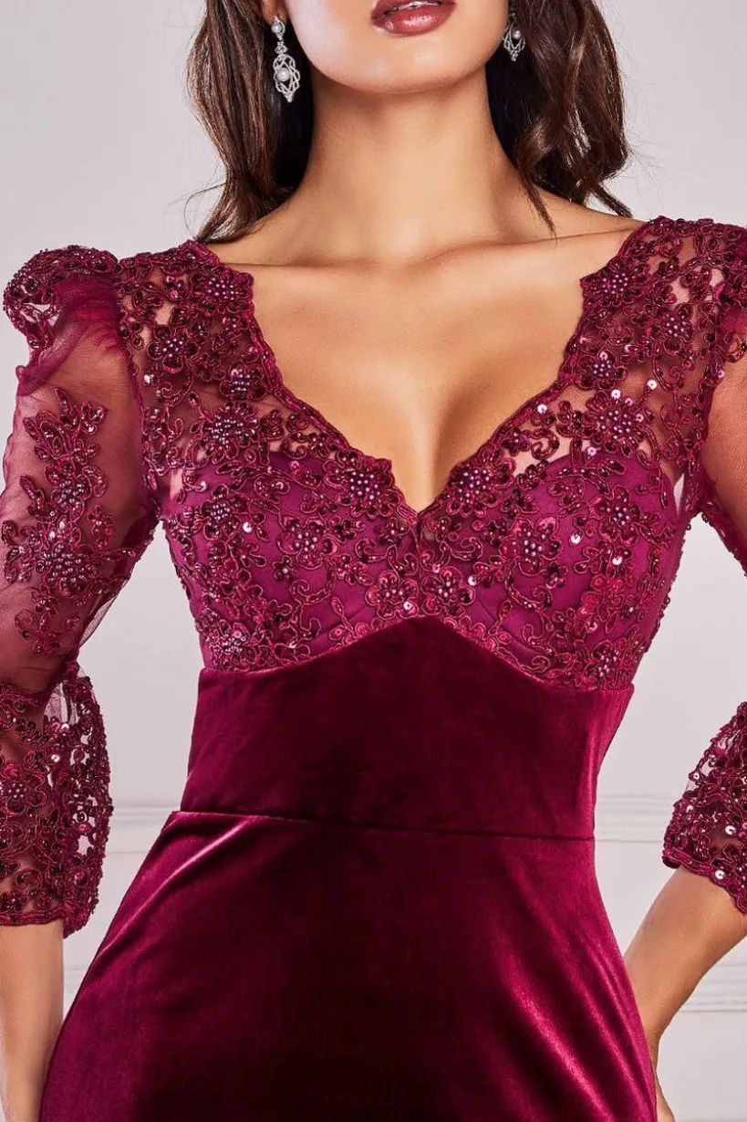 Scalloped Lace & Velvet Maxi Dress - Burgundy by Goddiva