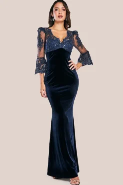 Scalloped Lace & Velvet Maxi Dress - Navy by Goddiva