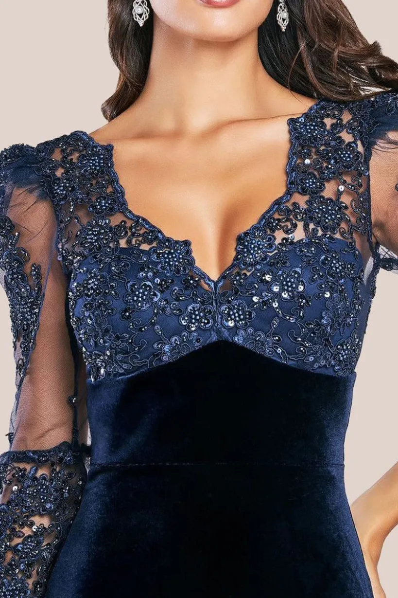 Scalloped Lace & Velvet Maxi Dress - Navy by Goddiva