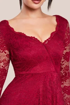 Scalloped Lace A-line Midi Dress - Wine by Goddiva
